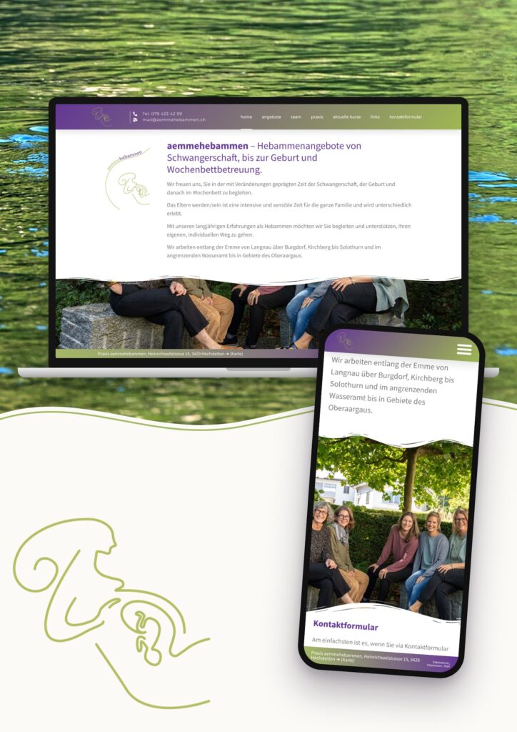 aemmehebammen: Webseite aemmehebammen.ch auf Laptop und Handy vor dem Wasser der Emme – Gestaltung und Umsetzung von joat