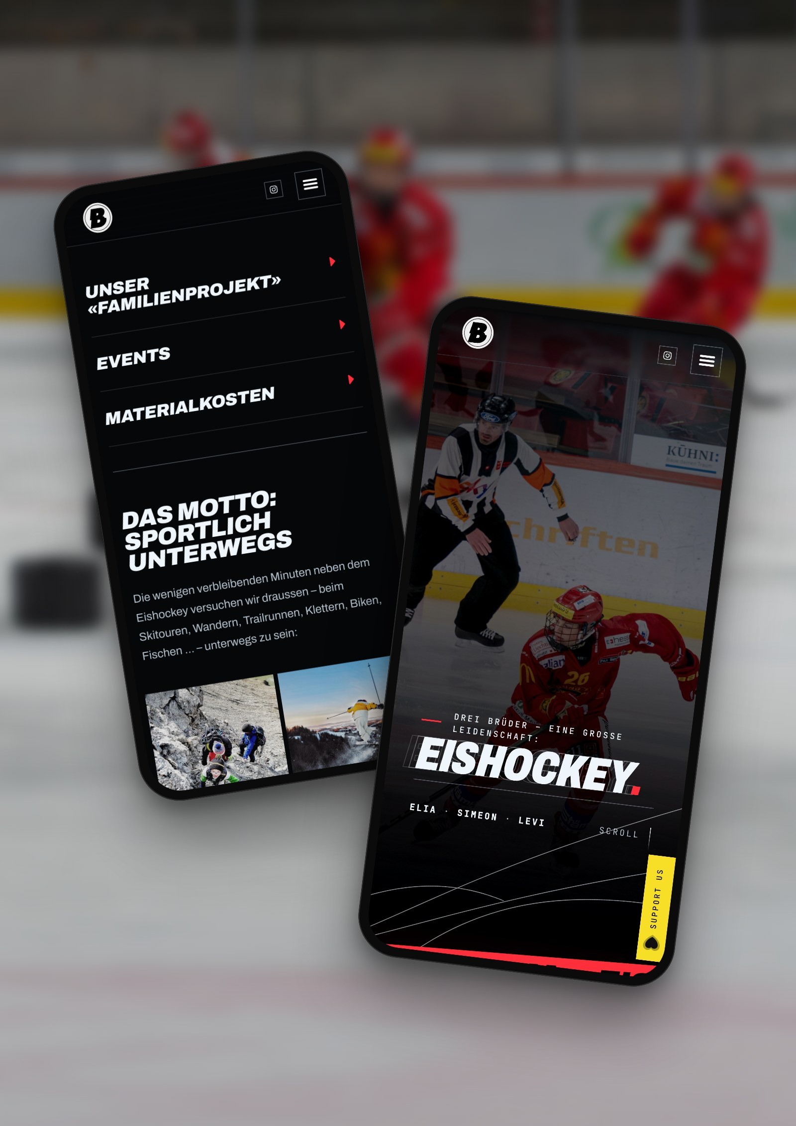 Webseite bergerbros.ch der Ice Hockey Brothers auf zwei Handys vor einer Eisfläche – persönliches Projekt