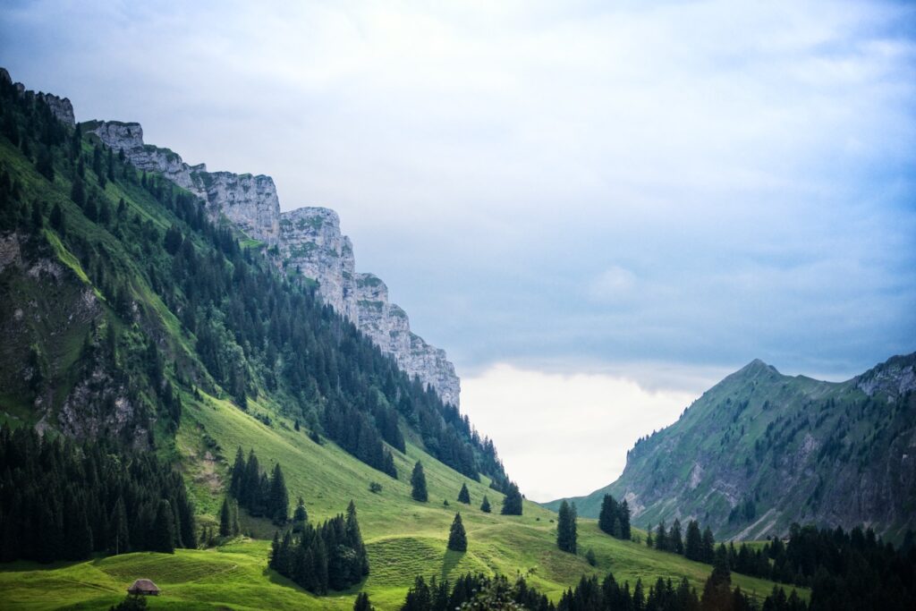 Sommerliche Aussicht im Eriz mit Felswänden und Weiden